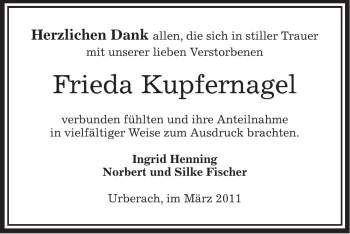 Traueranzeige von Frieda Kupfernagel von OFFENBACH-POST/HANAU-POST