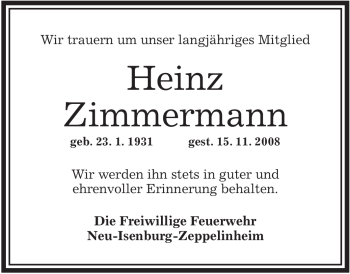 Traueranzeige von Heinz Zimmermann von OFFENBACH-POST/HANAU-POST