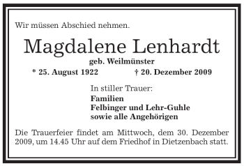 Traueranzeige von Magdalene Lenhardt von OFFENBACH-POST/HANAU-POST