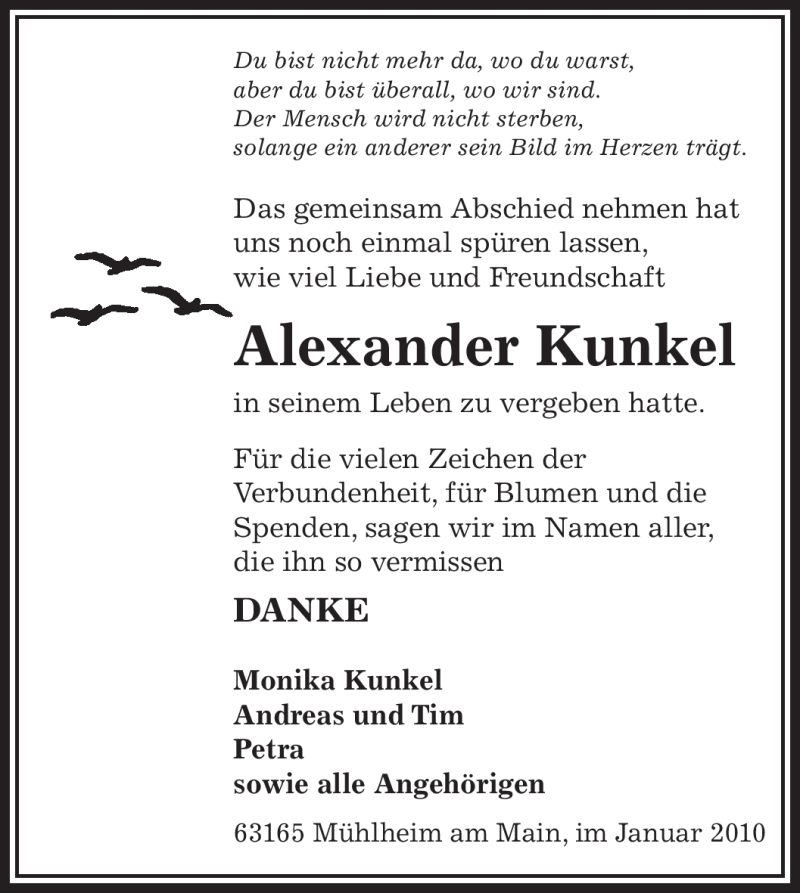  Traueranzeige für Alexander Kunkel vom 13.01.2010 aus OFFENBACH-POST/HANAU-POST