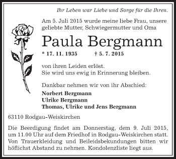 Traueranzeige von Paula Bergmann von Offenbach