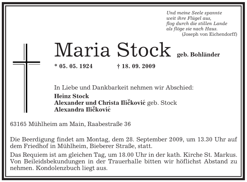  Traueranzeige für Maria Stock vom 23.09.2009 aus OFFENBACH-POST/HANAU-POST