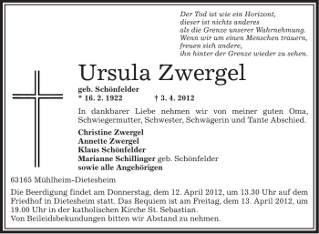 Traueranzeige von Ursula Zwergel von OFFENBACH-POST/HANAU-POST