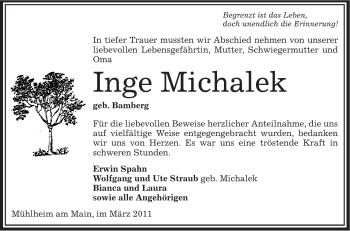 Traueranzeige von Inge Michalek von OFFENBACH-POST/HANAU-POST