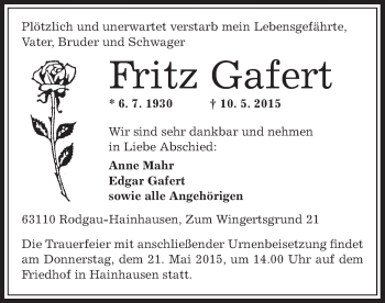 Traueranzeige von Fritz Gafert von Offenbach