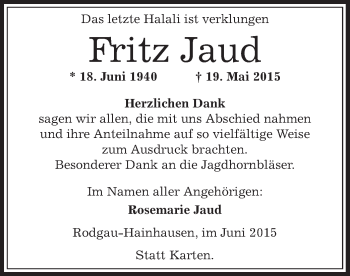 Traueranzeige von Fritz Jaud von Offenbach