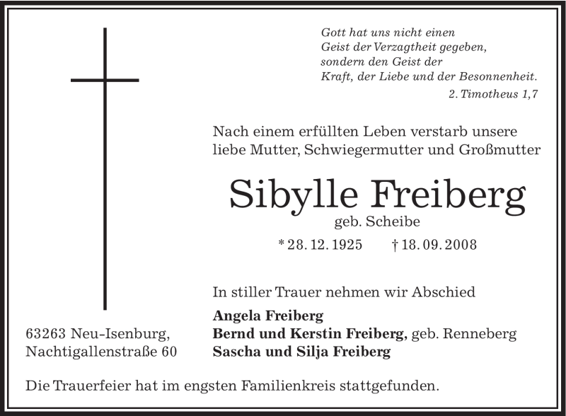  Traueranzeige für Sibylle Freiberg vom 25.09.2008 aus OFFENBACH-POST/HANAU-POST