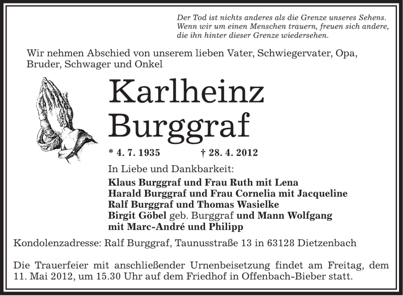  Traueranzeige für Karlheinz Burggraf vom 08.05.2012 aus OFFENBACH-POST/HANAU-POST
