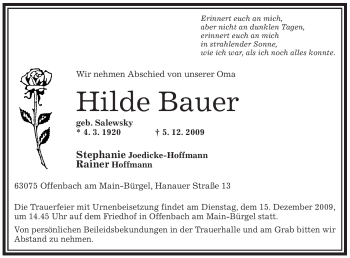 Traueranzeige von Hilde Bauer von OFFENBACH-POST/HANAU-POST