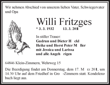 Traueranzeige von Willi Fritzges von OFFENBACH-POST/HANAU-POST