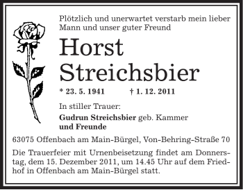 Traueranzeige von Horst Streichsbier von OFFENBACH-POST/HANAU-POST