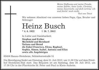 Traueranzeige von Heinz Busch von OFFENBACH-POST/HANAU-POST