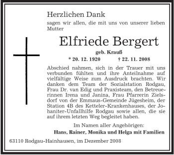 Traueranzeige von Elfriede Bergert von OFFENBACH-POST/HANAU-POST