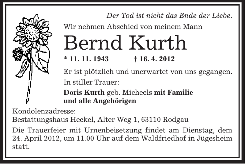  Traueranzeige für Bernd Kurth vom 19.04.2012 aus OFFENBACH-POST/HANAU-POST