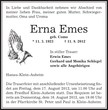 Traueranzeige von Erna Emes von OFFENBACH-POST/HANAU-POST