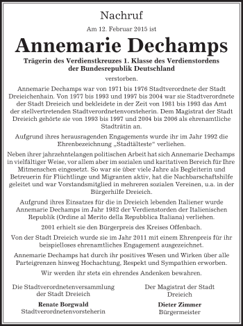 Traueranzeige von Annemarie Dechamps von Offenbach