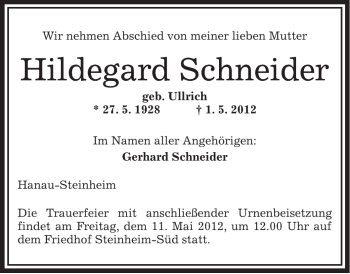 Traueranzeige von Hildegard Schneider von OFFENBACH-POST/HANAU-POST