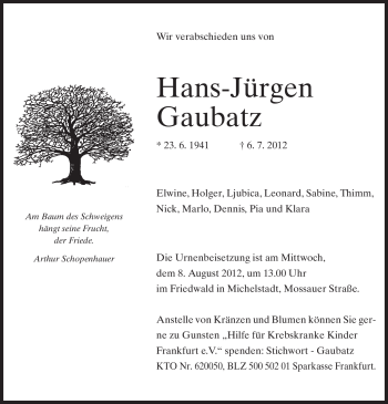 Traueranzeige von Hans-Jürgen Gaubatz von OFFENBACH-POST/HANAU-POST