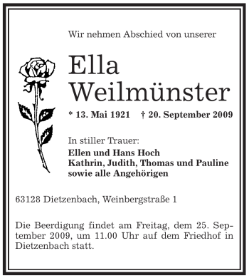 Traueranzeige von Ella Weilmünster von OFFENBACH-POST/HANAU-POST