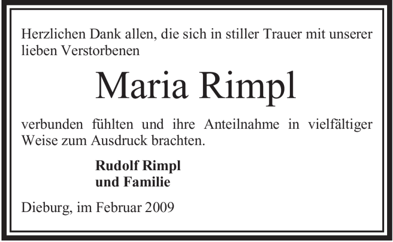  Traueranzeige für Maria Rimpl vom 07.02.2009 aus OFFENBACH-POST/HANAU-POST