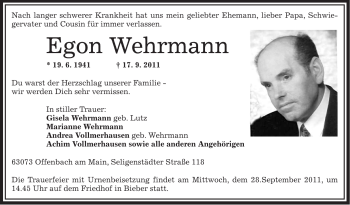 Traueranzeige von Egon Wehrmann von OFFENBACH-POST/HANAU-POST