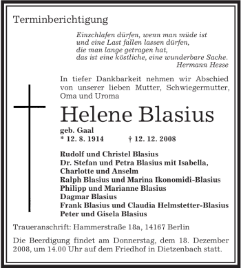 Traueranzeige von Helene Blasius von OFFENBACH-POST/HANAU-POST