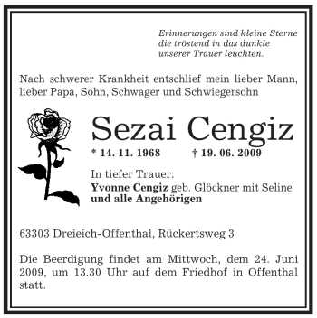 Traueranzeige von Sezai Cengiz von OFFENBACH-POST/HANAU-POST