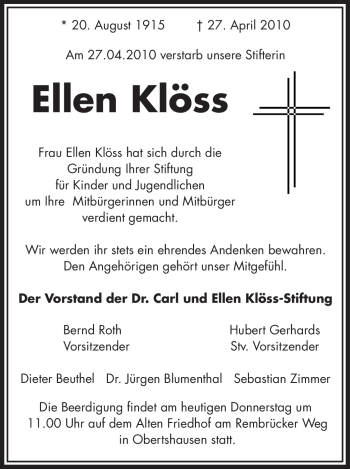 Traueranzeige von Ellen Klöss von OFFENBACH-POST/HANAU-POST