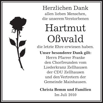 Traueranzeige von Hartmut Oßwald von OFFENBACH-POST/HANAU-POST