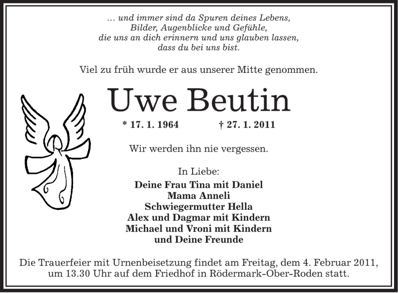  Traueranzeige für Uwe Beutin vom 03.02.2011 aus OFFENBACH-POST/HANAU-POST