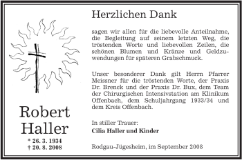 Traueranzeige von Robert Haller von OFFENBACH-POST/HANAU-POST