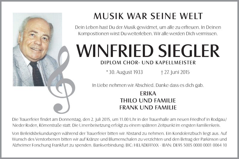  Traueranzeige für Winfried Siegler vom 30.06.2015 aus Offenbach