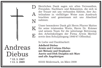 Traueranzeige von Andreas Diebus von OFFENBACH-POST/HANAU-POST