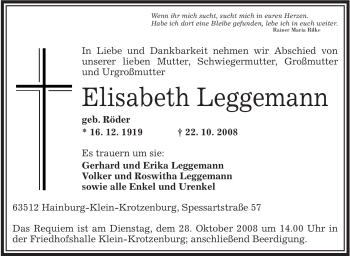 Traueranzeige von Elisabeth Leggemann von OFFENBACH-POST/HANAU-POST