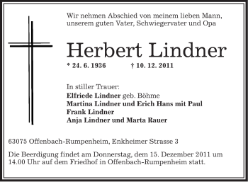 Traueranzeige von Herbert Lindner von OFFENBACH-POST/HANAU-POST