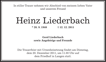 Traueranzeige von Heinz Liederbach von OFFENBACH-POST/HANAU-POST