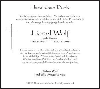 Traueranzeige von Liesel Wolf von OFFENBACH-POST/HANAU-POST