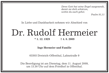 Traueranzeige von Rudolf Hermeier von OFFENBACH-POST/HANAU-POST