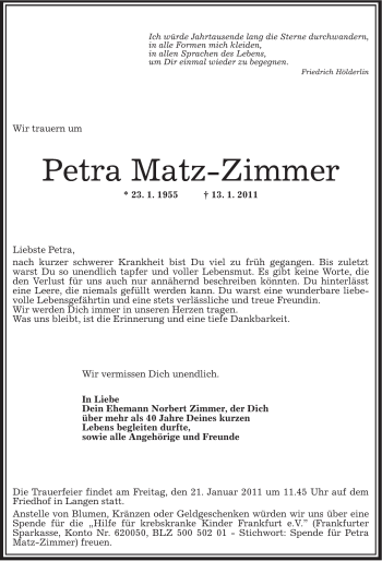 Traueranzeige von Petra Matz-Zimmer von OFFENBACH-POST/HANAU-POST