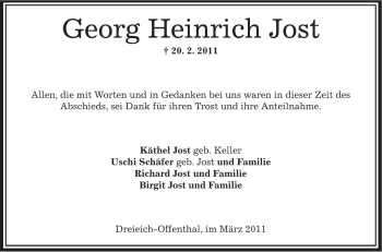 Traueranzeige von Georg Heinrich Jost von OFFENBACH-POST/HANAU-POST