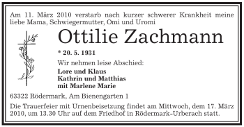 Traueranzeige von Ottilie Zachmann von OFFENBACH-POST/HANAU-POST