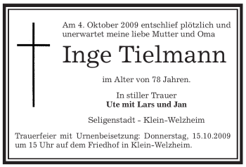 Traueranzeige von Inge Tielmann von OFFENBACH-POST/HANAU-POST