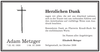 Traueranzeige von Adam Metzger von OFFENBACH-POST/HANAU-POST