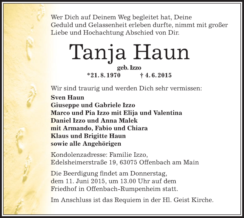  Traueranzeige für Tanja Haun vom 06.06.2015 aus Offenbach