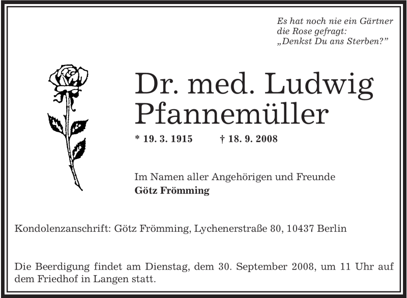  Traueranzeige für Ludwig Pfannemüller vom 25.09.2008 aus OFFENBACH-POST/HANAU-POST