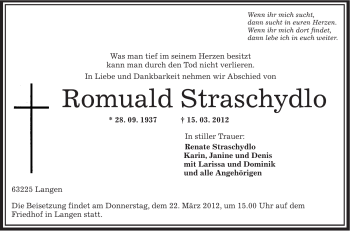 Traueranzeige von Romuald Straschydlo von OFFENBACH-POST/HANAU-POST