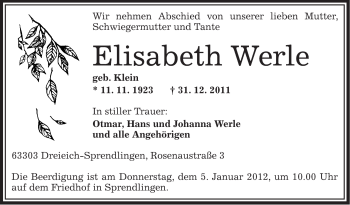 Traueranzeige von Elisabeth Werle von OFFENBACH-POST/HANAU-POST