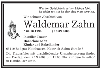 Traueranzeige von Waldemar Zahn von OFFENBACH-POST/HANAU-POST