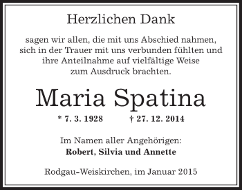 Traueranzeige von Maria Spatina von Offenbach