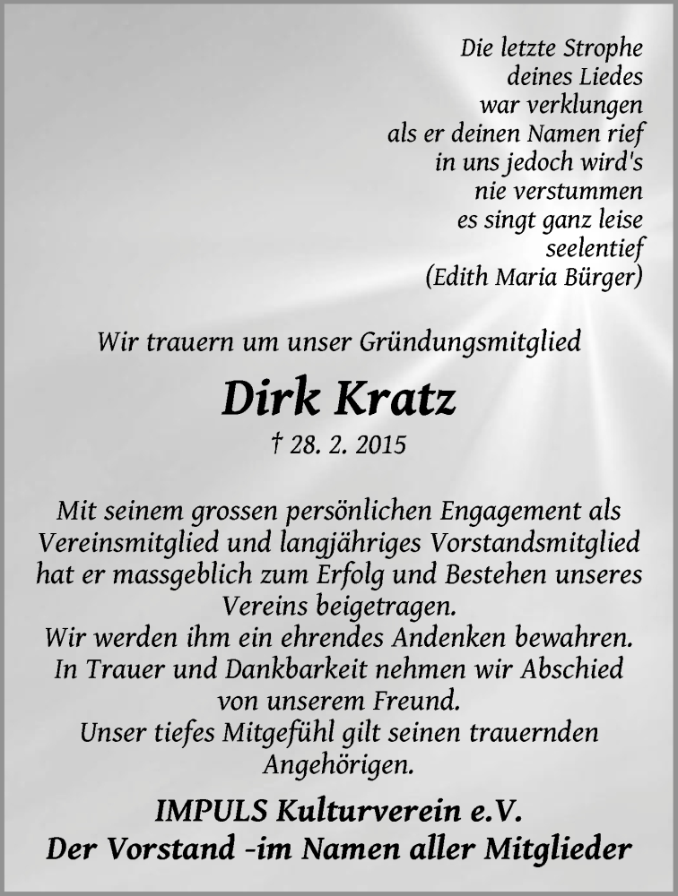  Traueranzeige für Dirk Kratz vom 07.03.2015 aus Offenbach